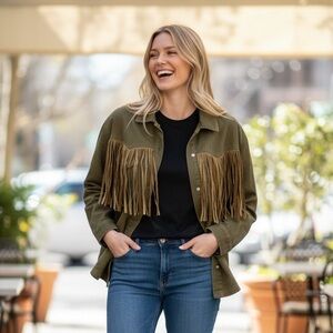 NWT Olive Green Fringe Western Shacket Jacket Boho Festival Cropped Button Up
